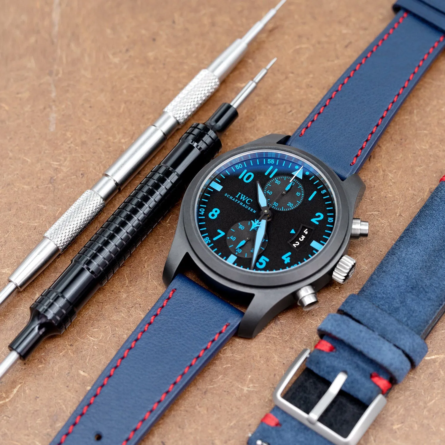 Q.R. 19mm, 20mm or 22mm Blue Tapered Leather Watch Band, Red Stitching   Zermatt