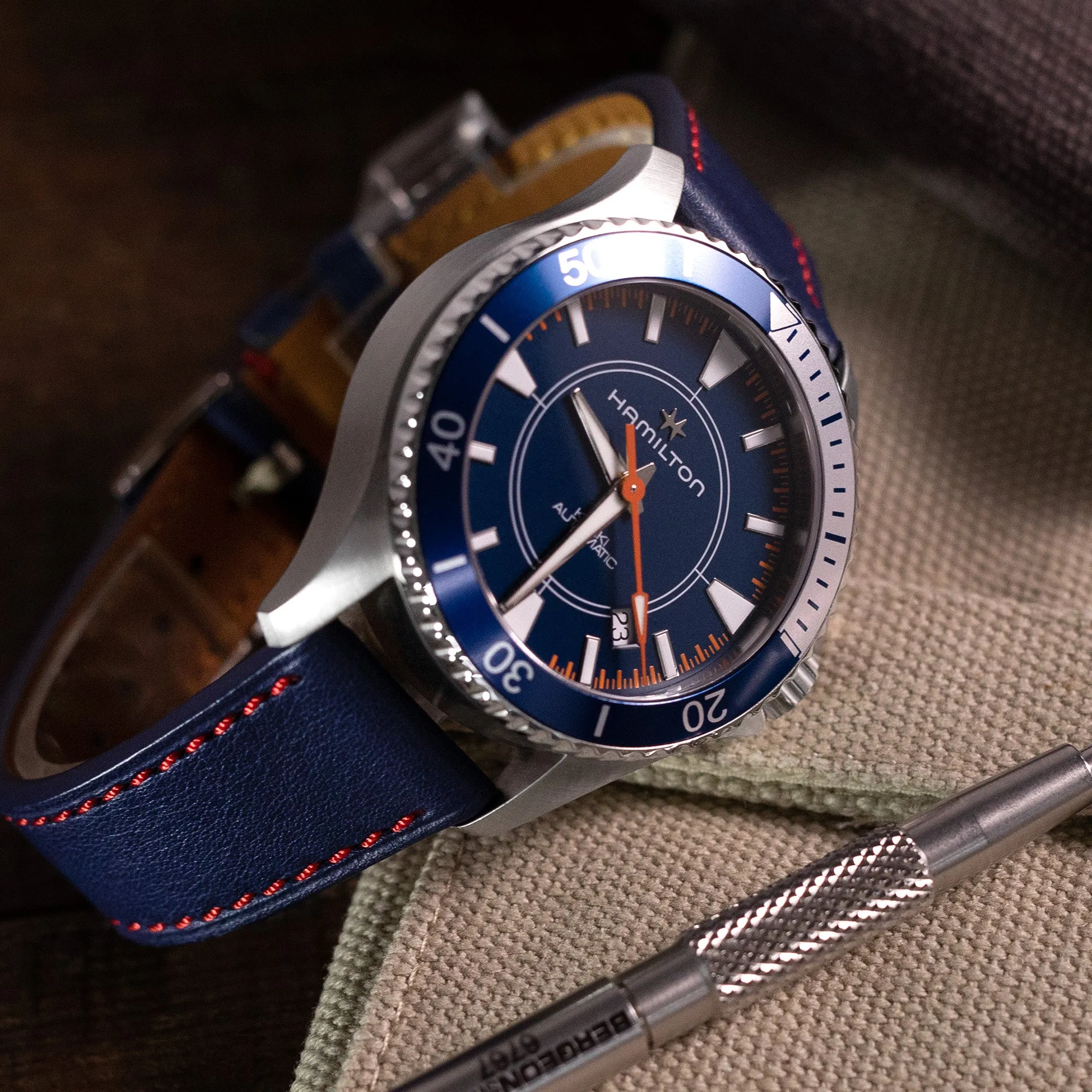 Q.R. 19mm, 20mm or 22mm Blue Tapered Leather Watch Band, Red Stitching   Zermatt