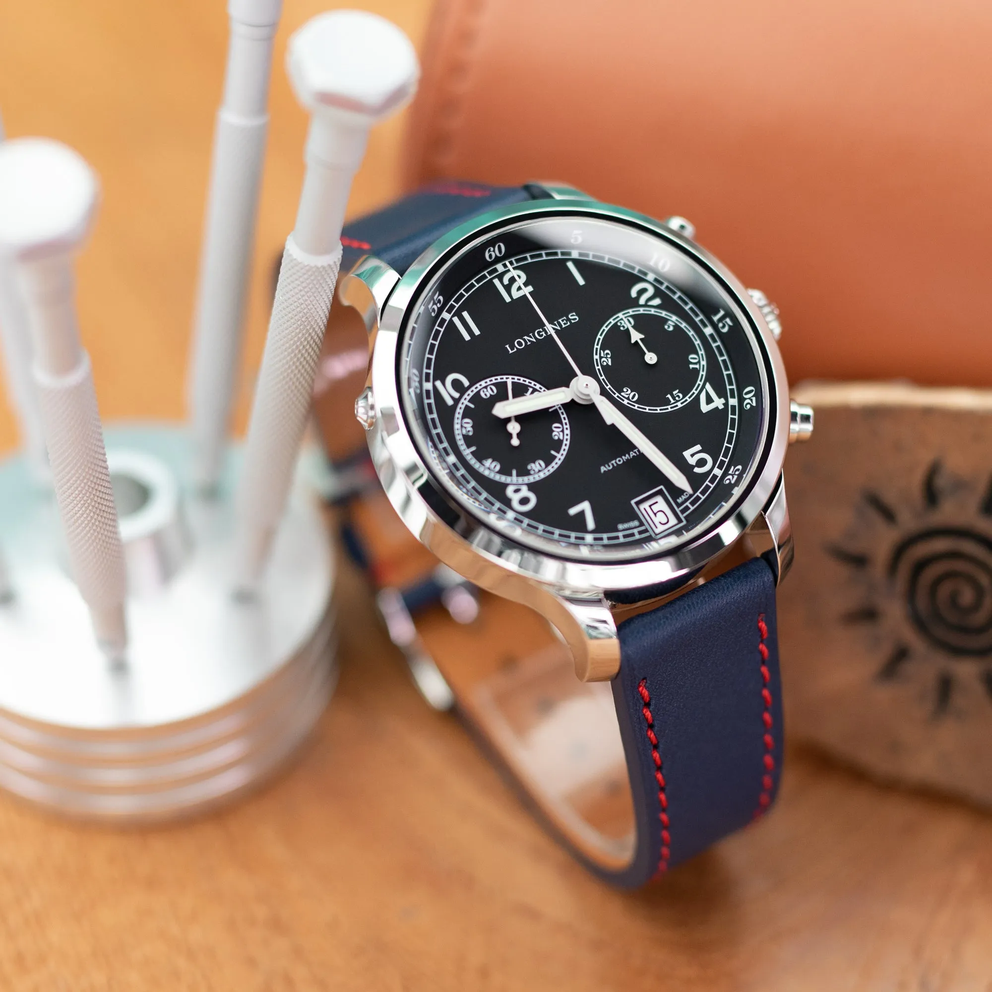 Q.R. 19mm, 20mm or 22mm Blue Tapered Leather Watch Band, Red Stitching   Zermatt