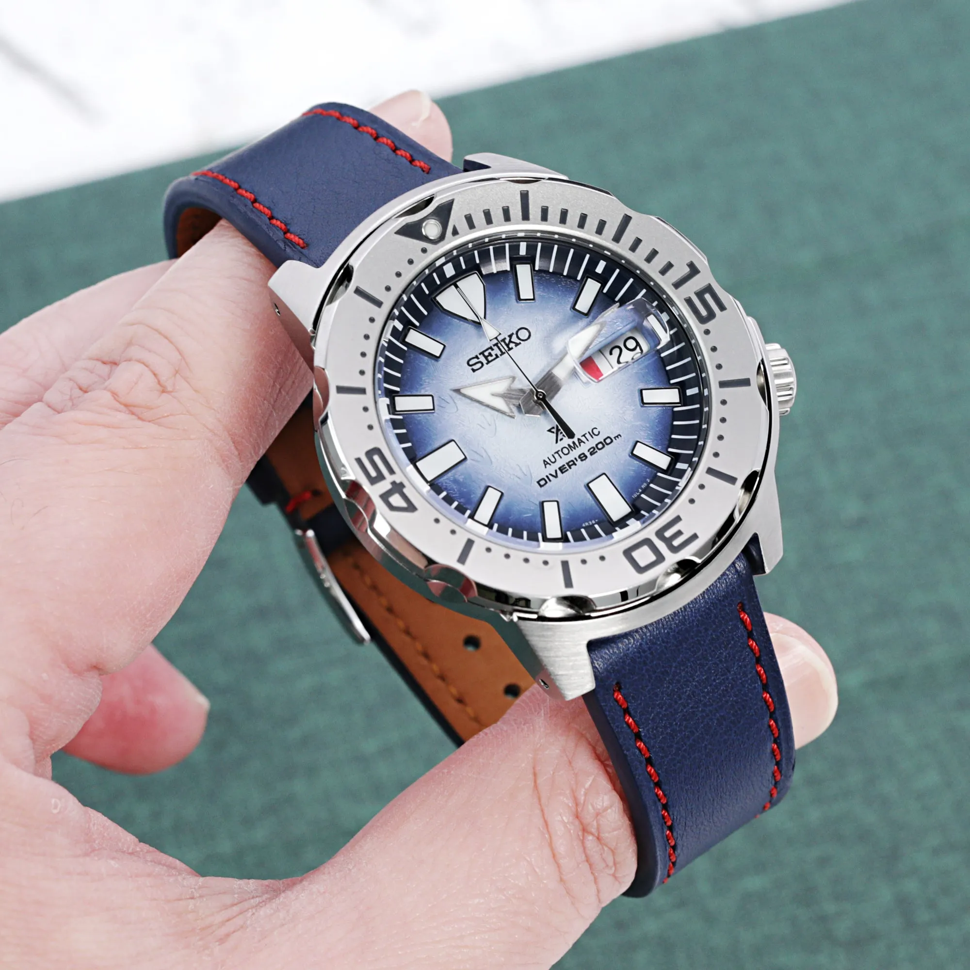 Q.R. 19mm, 20mm or 22mm Blue Tapered Leather Watch Band, Red Stitching   Zermatt