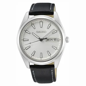 Seiko Mens Silver Dial Black Leather Band Stainless Steel Quartz Watch - SUR447