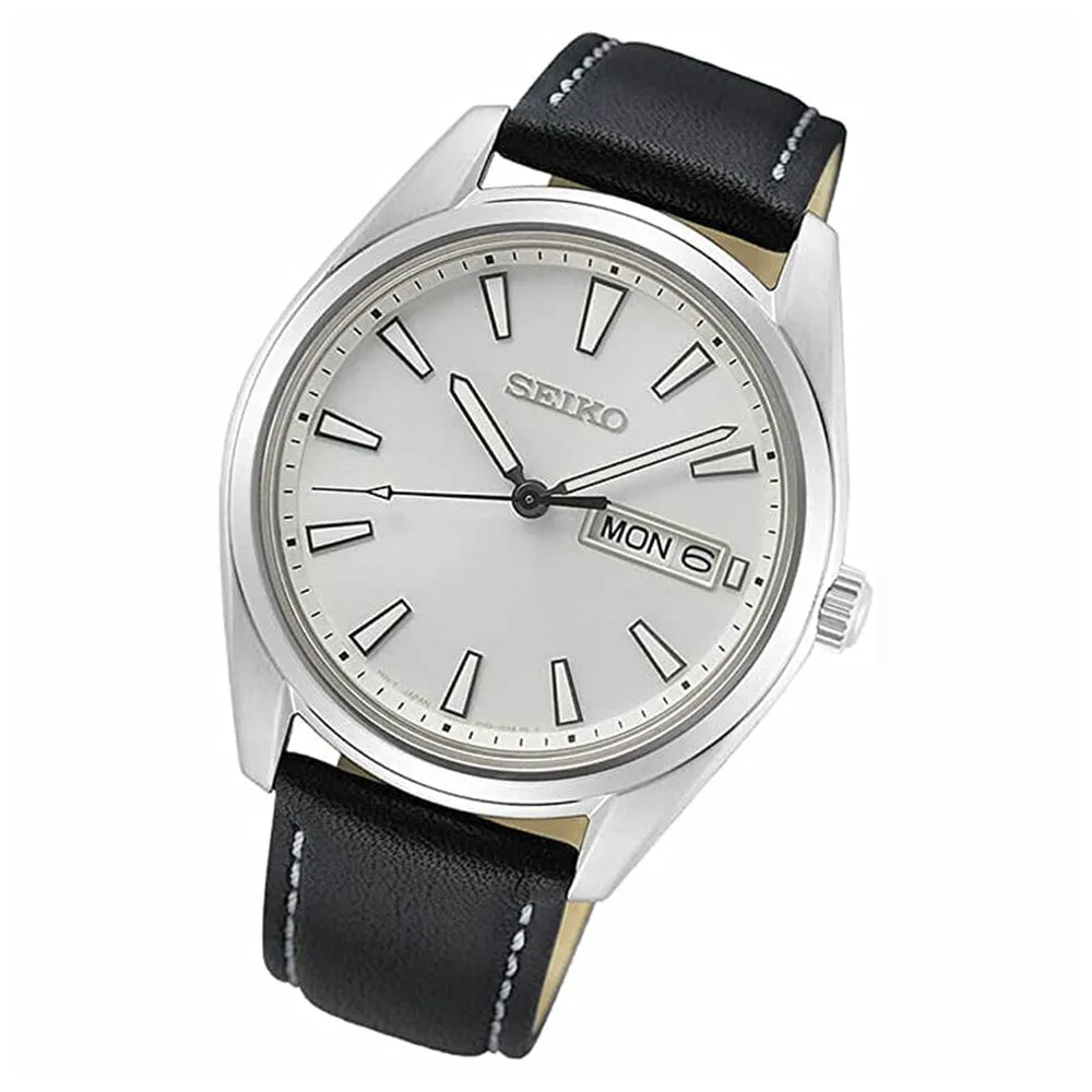 Seiko Mens Silver Dial Black Leather Band Stainless Steel Quartz Watch - SUR447