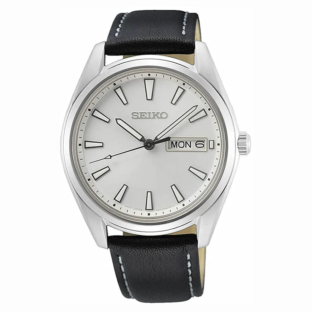 Seiko Mens Silver Dial Black Leather Band Stainless Steel Quartz Watch - SUR447