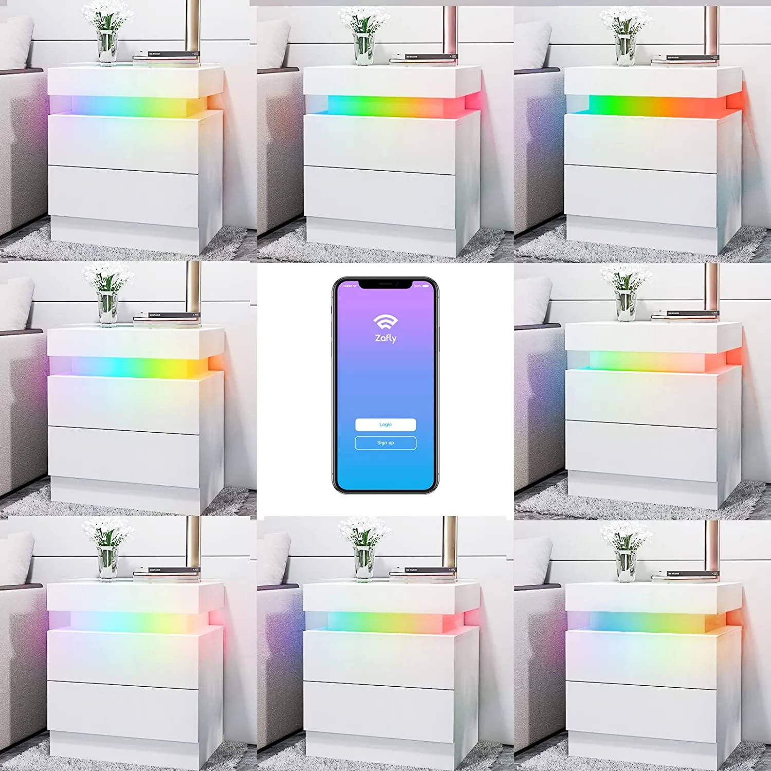 Smart LED Nightstands Set of 2, High Gloss