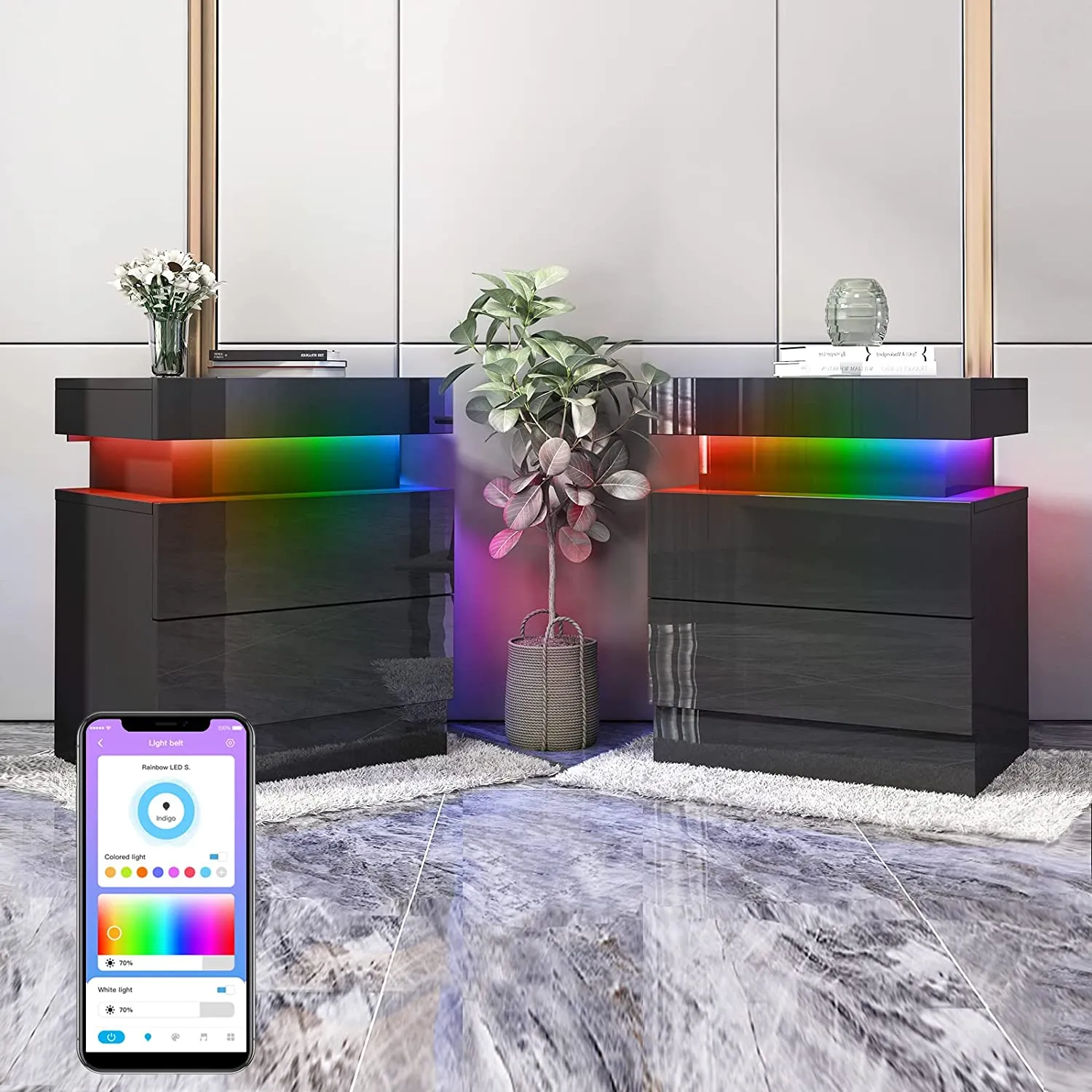 Smart LED Nightstands Set of 2, High Gloss
