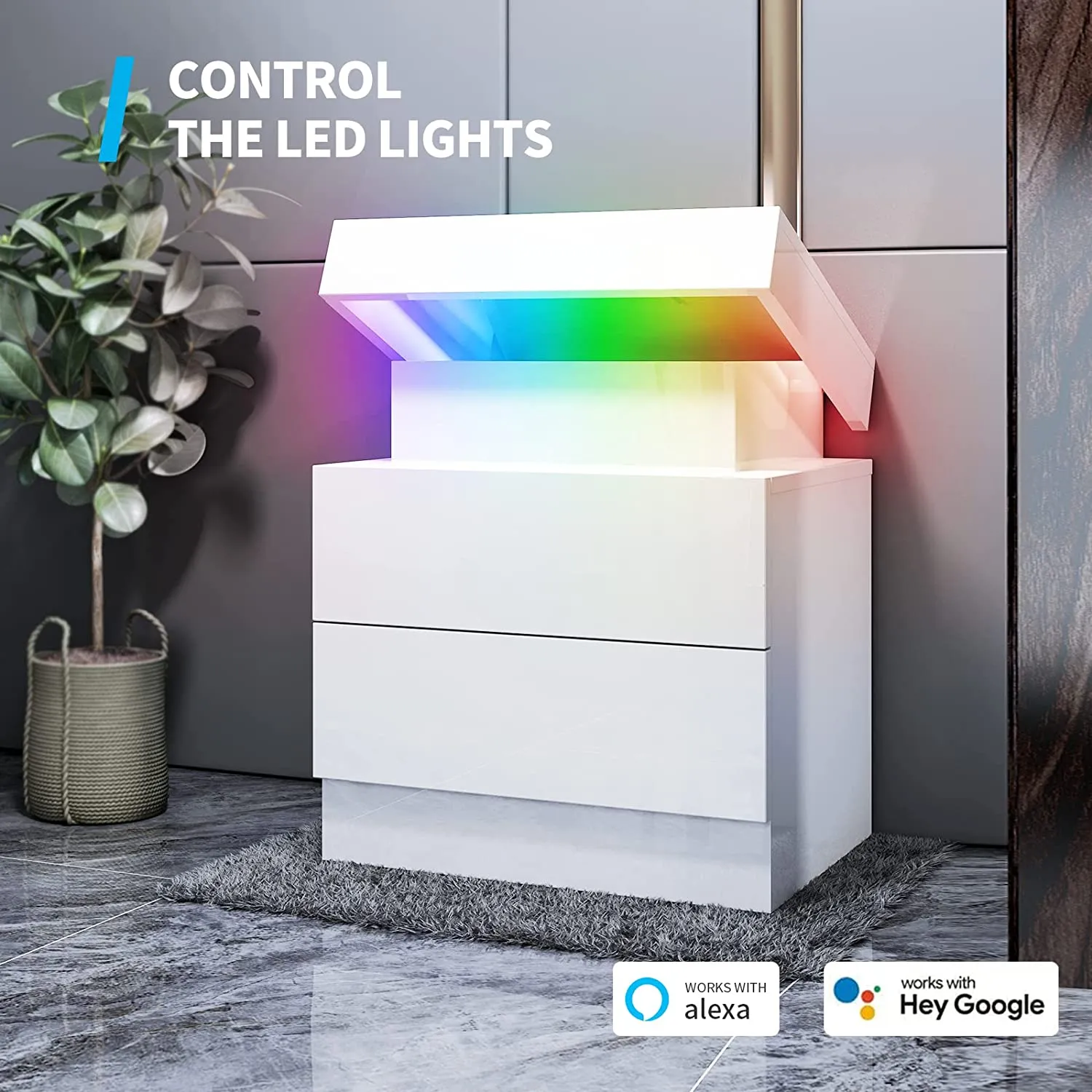Smart LED Nightstands Set of 2, High Gloss