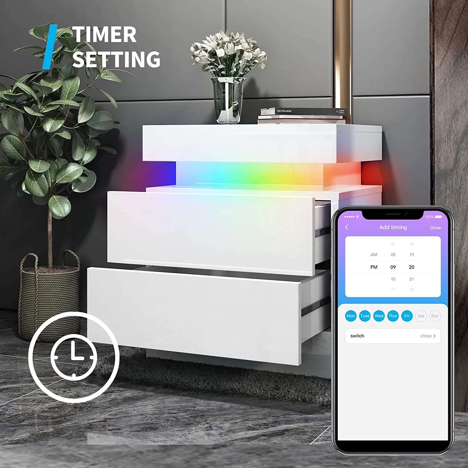 Smart LED Nightstands Set of 2, High Gloss