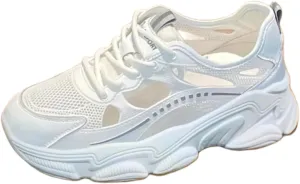 Spring Summer Women's Y2K Leather Breathable Mesh White Dad Chunky Sneakers Trendy Hollow | Flat Platform Casual Shoes