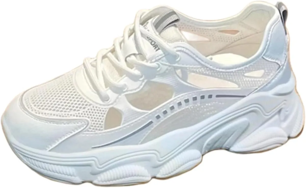 Spring Summer Women's Y2K Leather Breathable Mesh White Dad Chunky Sneakers Trendy Hollow | Flat Platform Casual Shoes