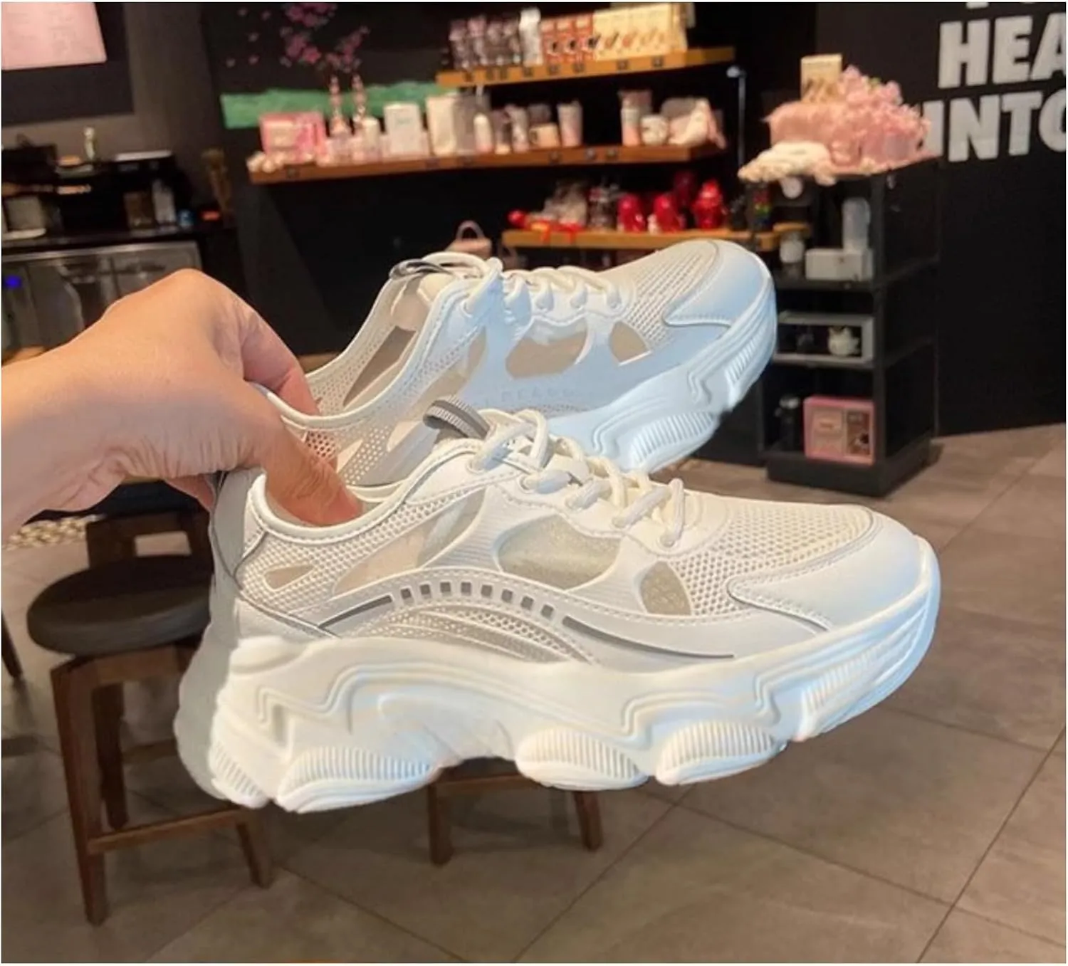 Spring Summer Women's Y2K Leather Breathable Mesh White Dad Chunky Sneakers Trendy Hollow | Flat Platform Casual Shoes