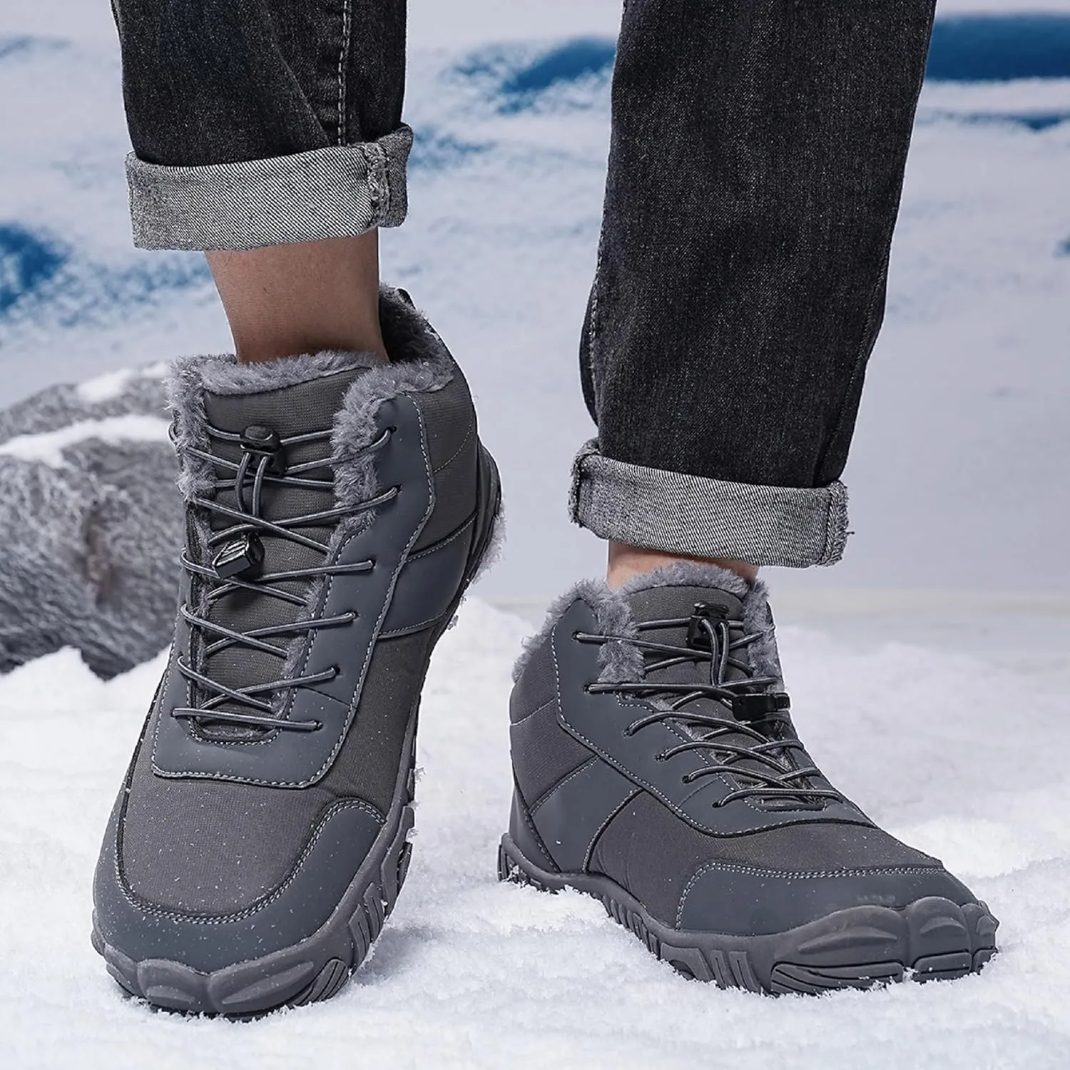 Tongzone Men's Wide Toe Box Barefoot Shoes Fur Lined Minimalist Zero Drop Sole Walking shoes Winter