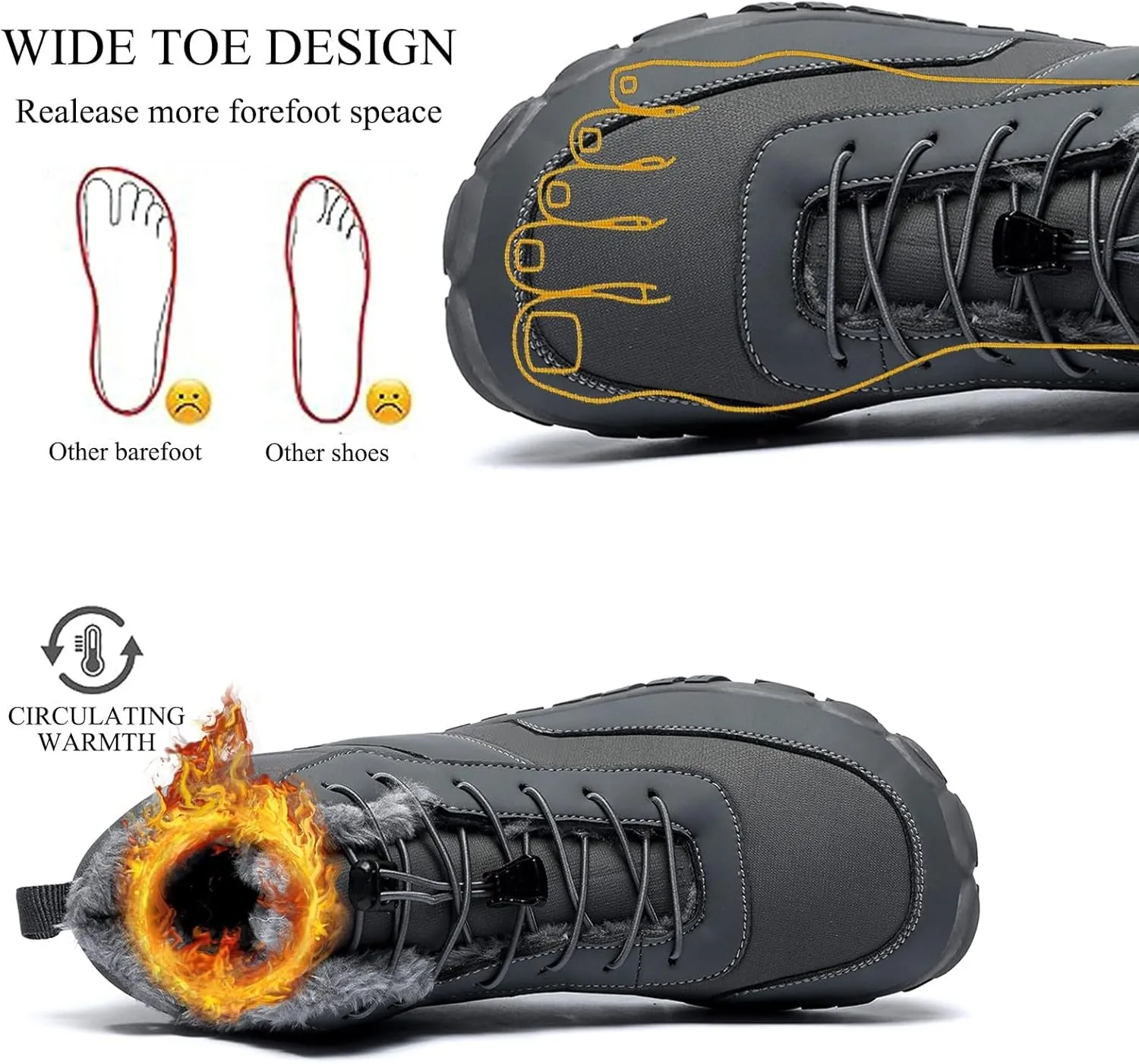 Tongzone Men's Wide Toe Box Barefoot Shoes Fur Lined Minimalist Zero Drop Sole Walking shoes Winter