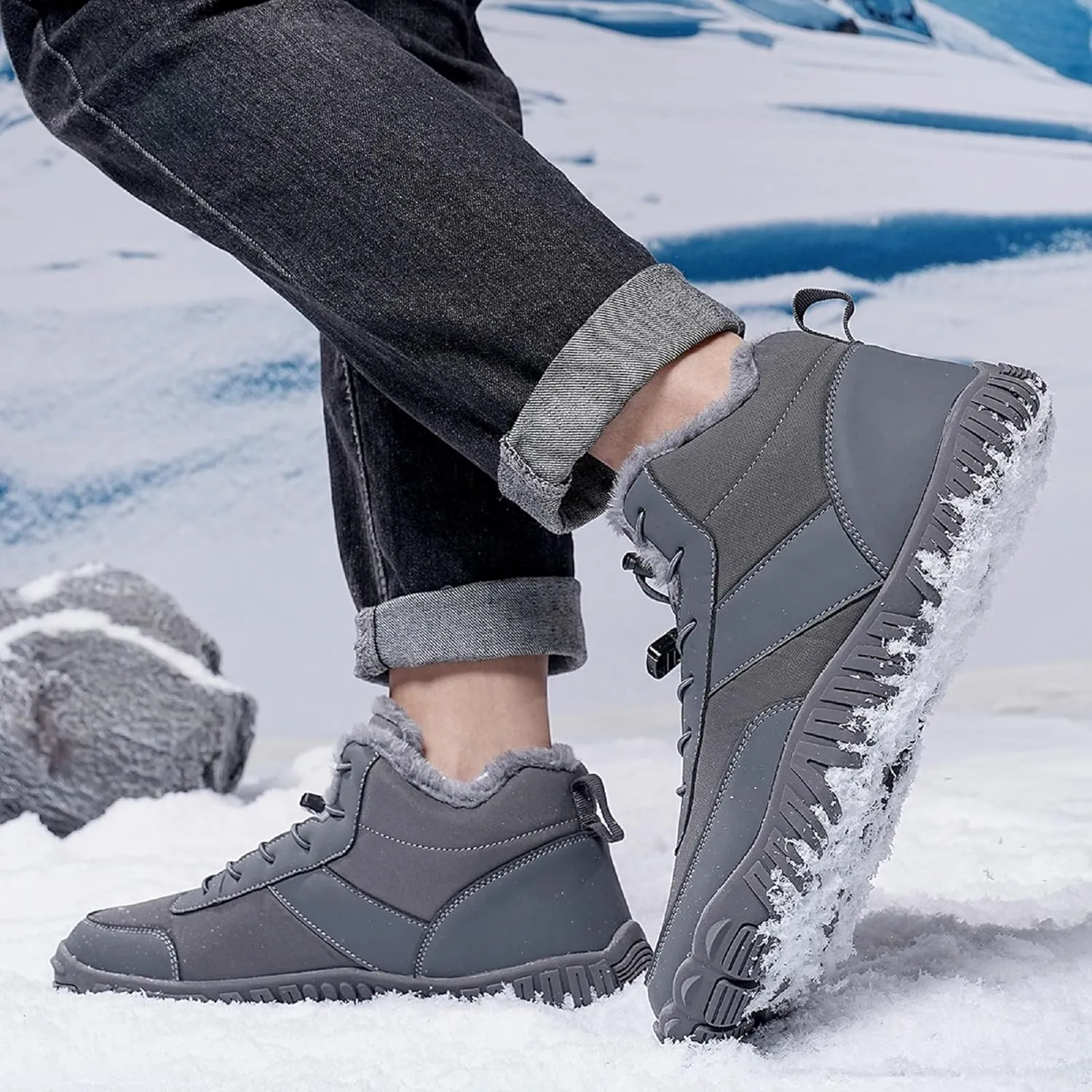 Tongzone Men's Wide Toe Box Barefoot Shoes Fur Lined Minimalist Zero Drop Sole Walking shoes Winter