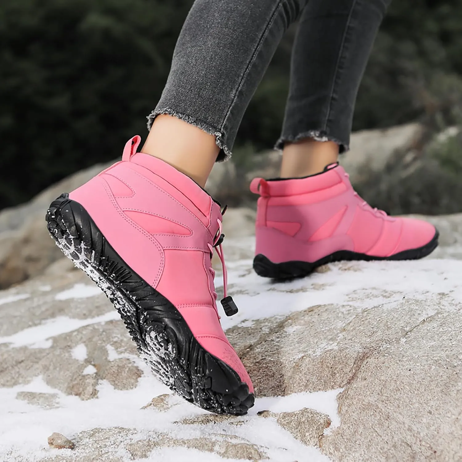 Tongzone Wide Toe Box Men's Women's Barefoot Shoes Fur Lined Zero Drop Sole High top Walking shoes Winter