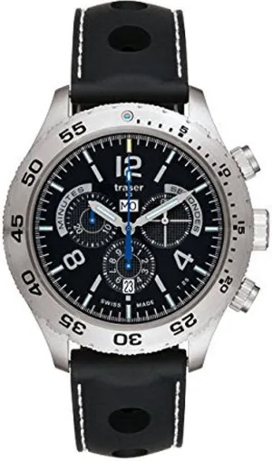 Traser Men's Classic Elegance Chronograph Stainless Watch - Black Rubber Strap - Black Dial - 105036