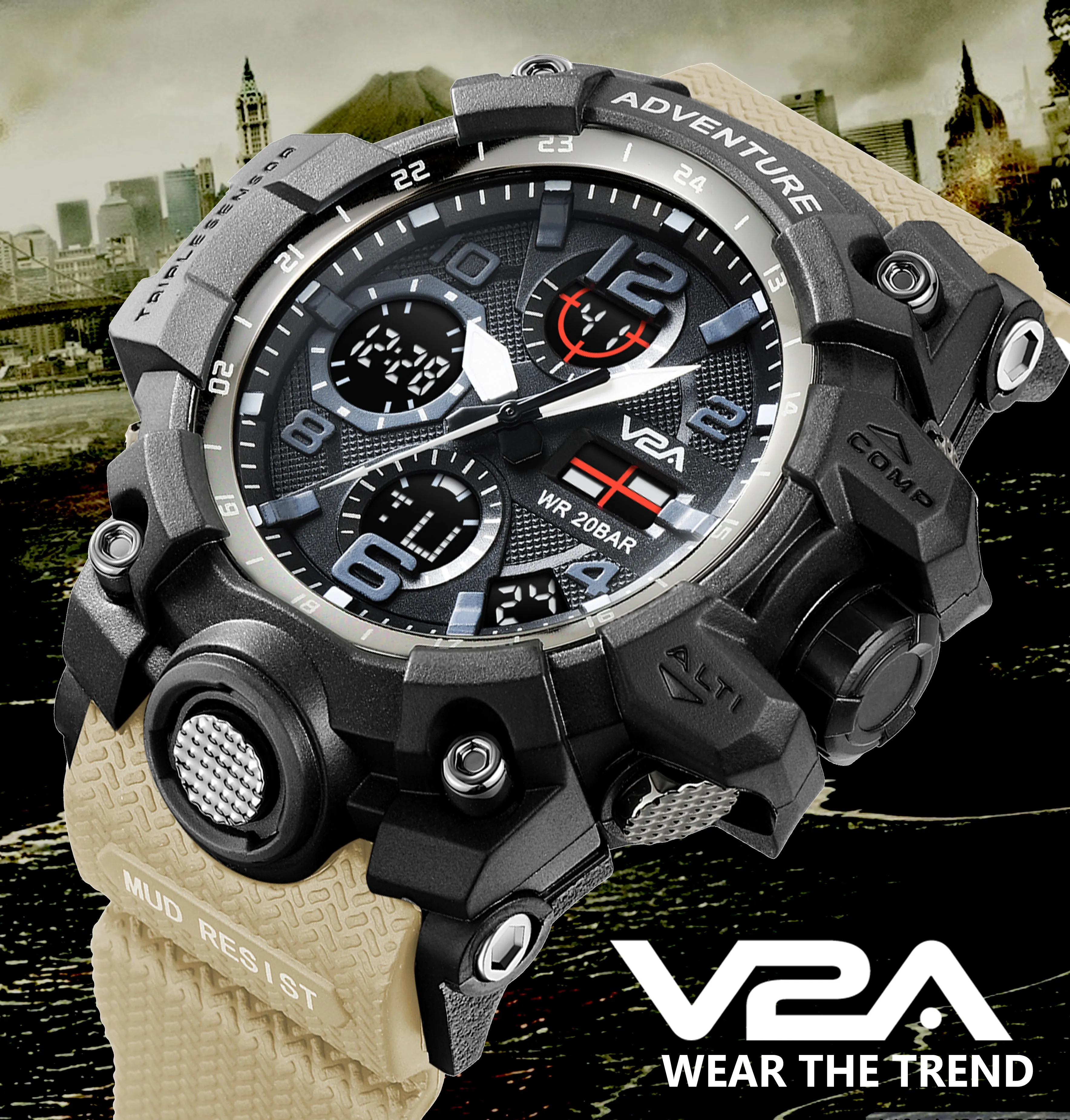 V2A Military Khakhi Chronograph Analogue And Digital Sports Watch For Men and Boys