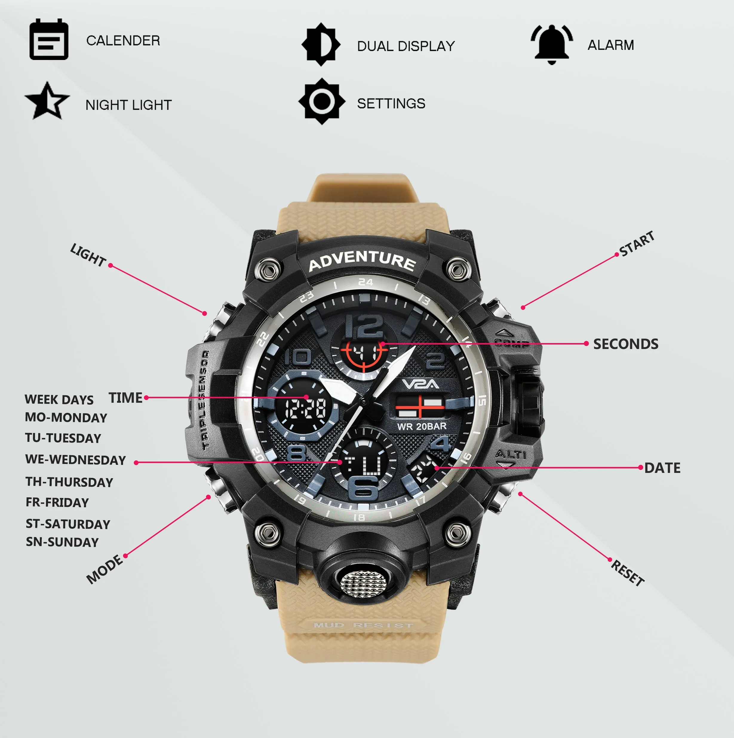 V2A Military Khakhi Chronograph Analogue And Digital Sports Watch For Men and Boys