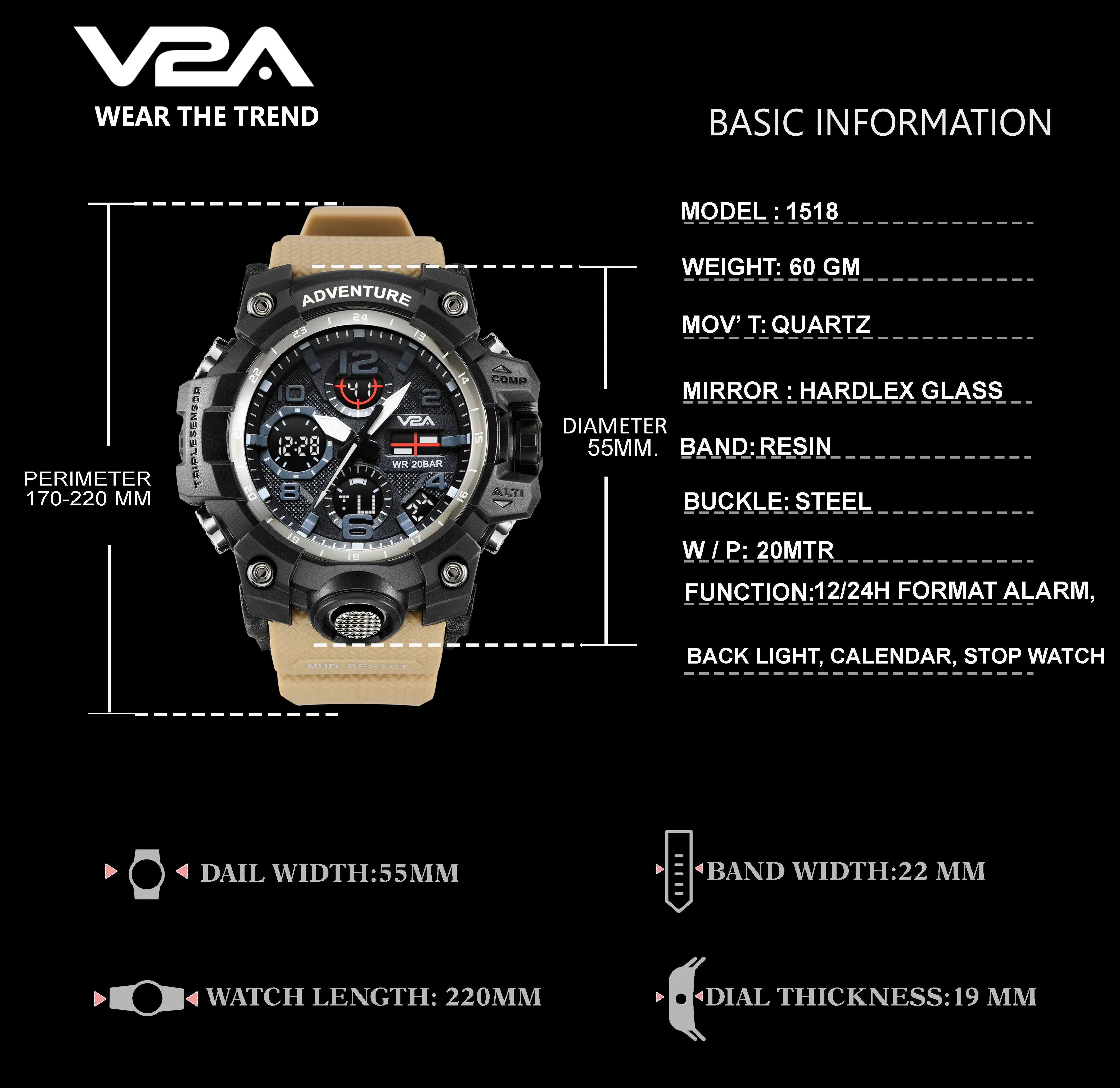 V2A Military Khakhi Chronograph Analogue And Digital Sports Watch For Men and Boys