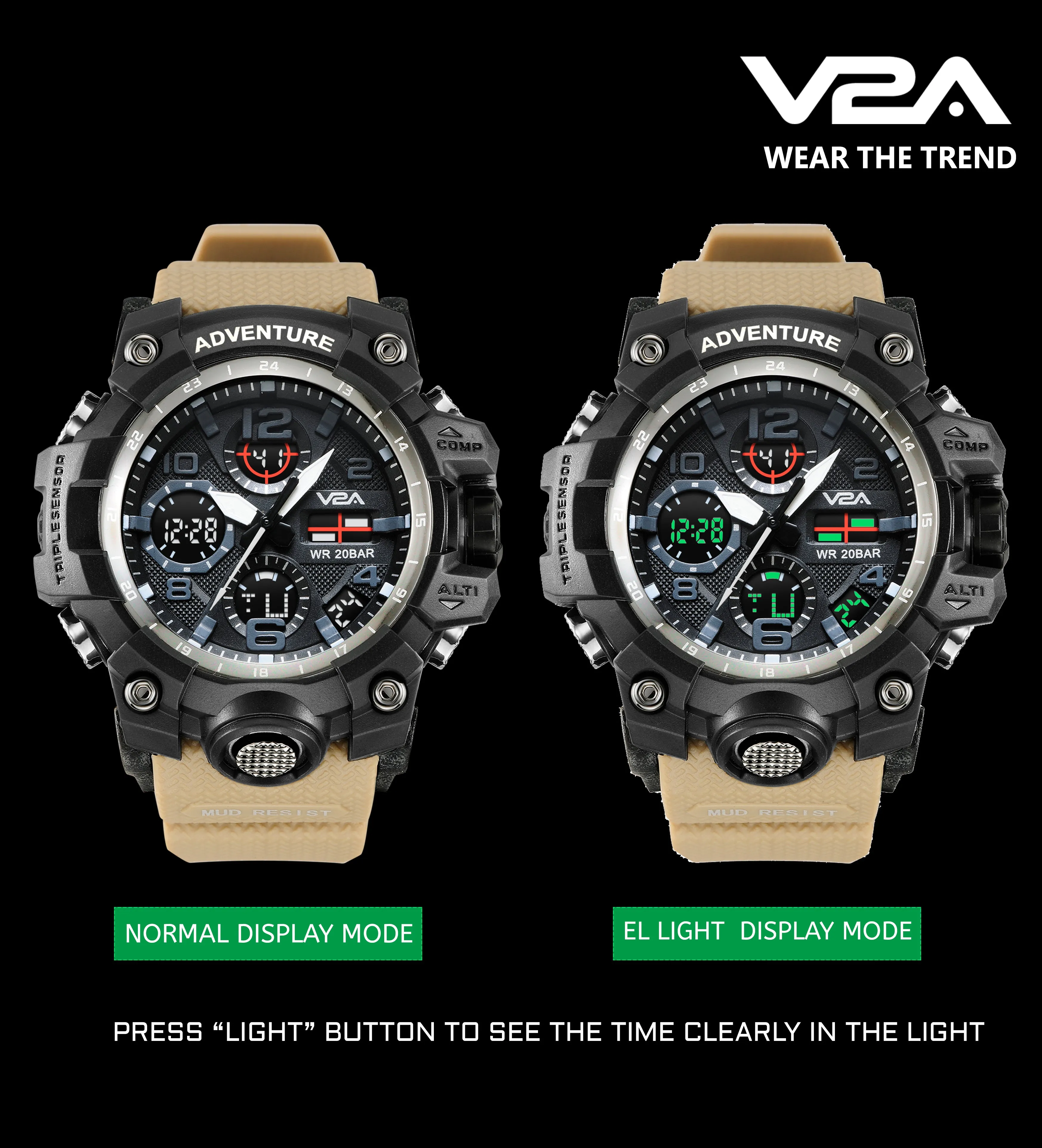 V2A Military Khakhi Chronograph Analogue And Digital Sports Watch For Men and Boys