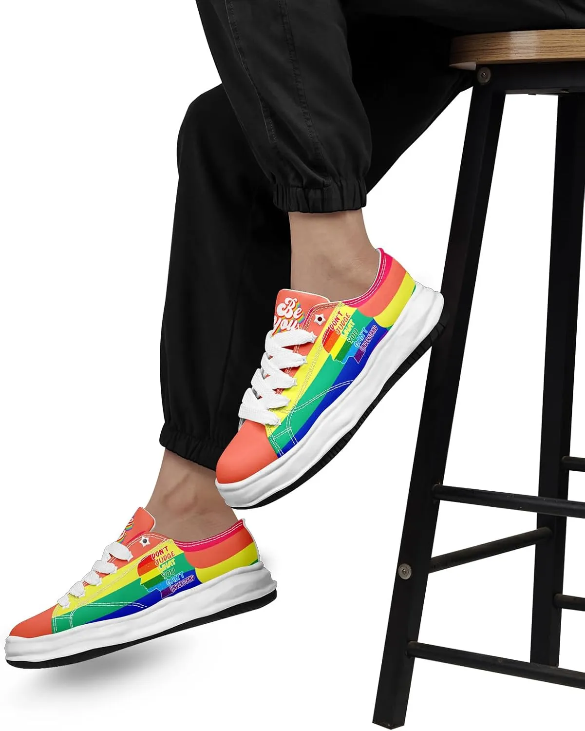Vibrant Rainbow LGBTQ  Pride Platform Sneakers for Women, Mens Colorful Chunky Canvas Shoes Trainers Casual Footwear