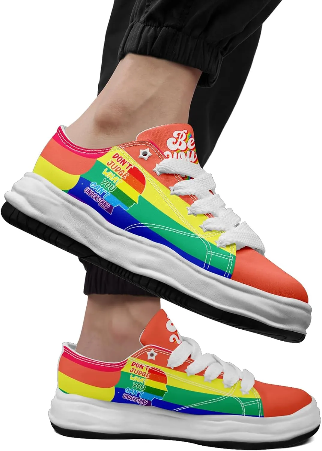 Vibrant Rainbow LGBTQ  Pride Platform Sneakers for Women, Mens Colorful Chunky Canvas Shoes Trainers Casual Footwear