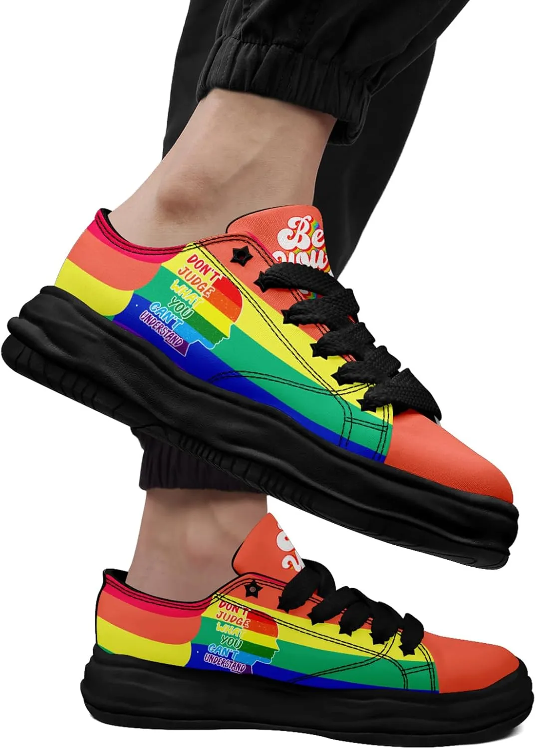Vibrant Rainbow LGBTQ  Pride Platform Sneakers for Women, Mens Colorful Chunky Canvas Shoes Trainers Casual Footwear