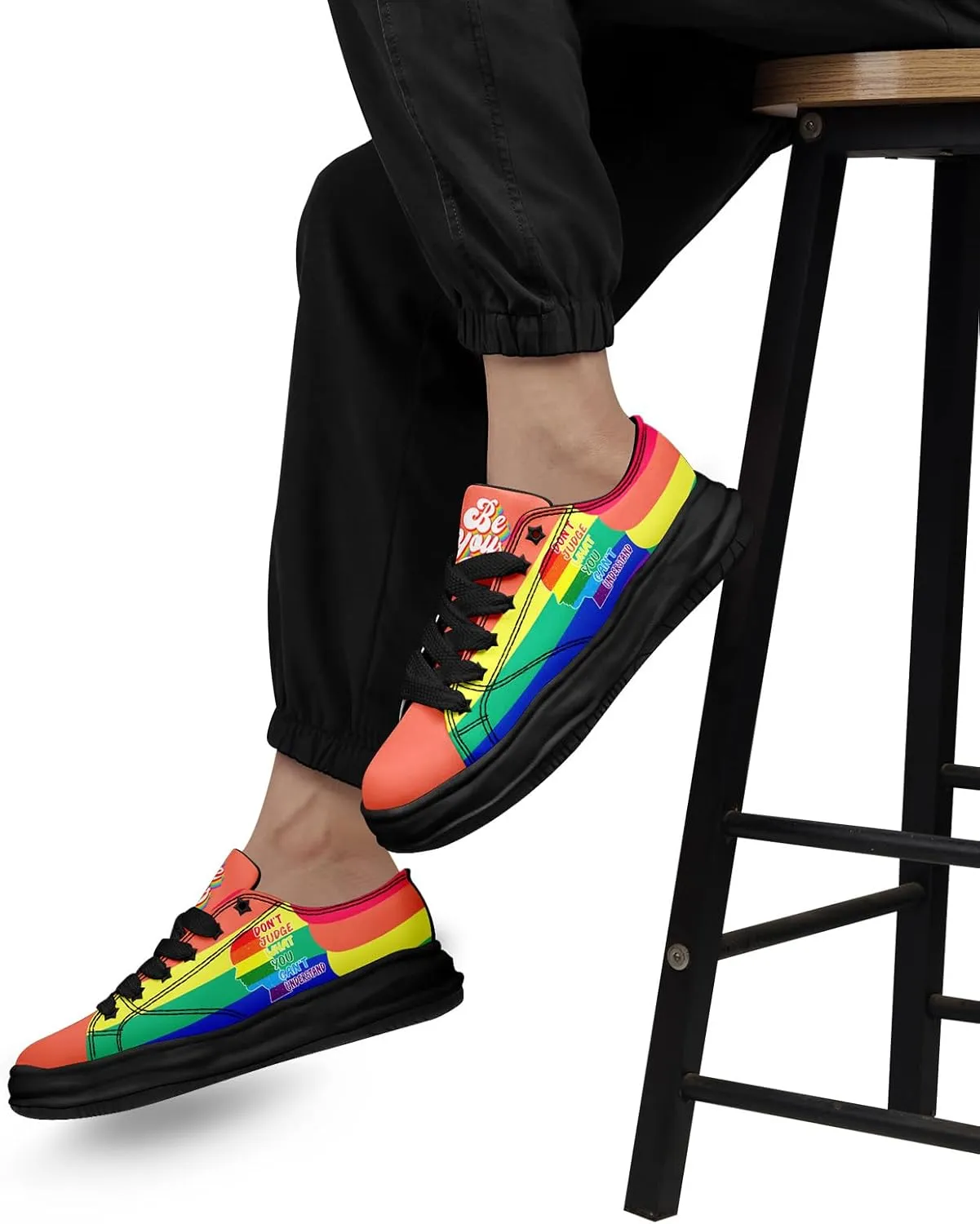 Vibrant Rainbow LGBTQ  Pride Platform Sneakers for Women, Mens Colorful Chunky Canvas Shoes Trainers Casual Footwear
