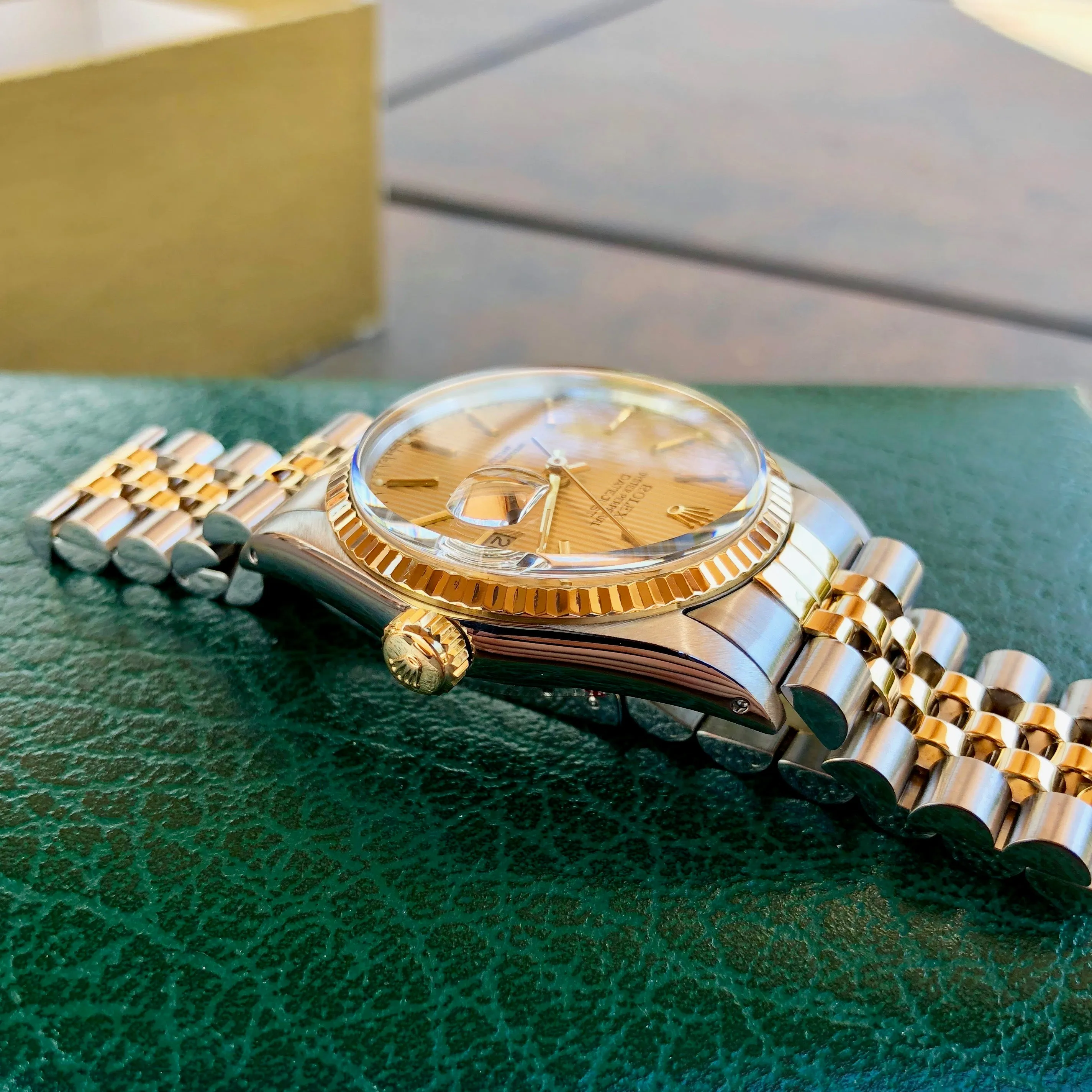 Vintage Rolex Datejust 16013 Champagne Tapestry Cal. 3035 Oyster Perpetual Two Tone Steel Gold Wristwatch Box & Papers Circa 1985