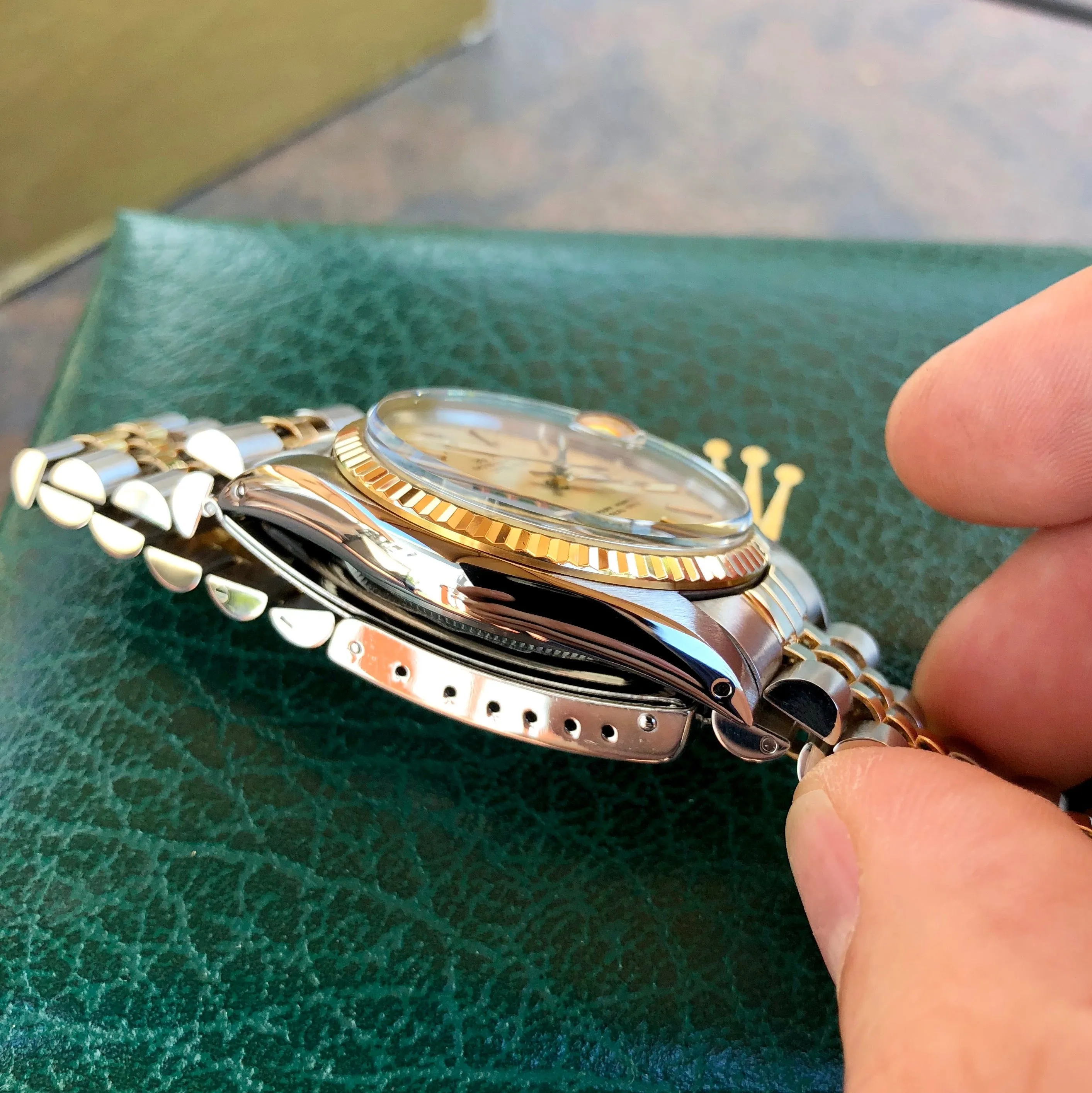 Vintage Rolex Datejust 16013 Champagne Tapestry Cal. 3035 Oyster Perpetual Two Tone Steel Gold Wristwatch Box & Papers Circa 1985