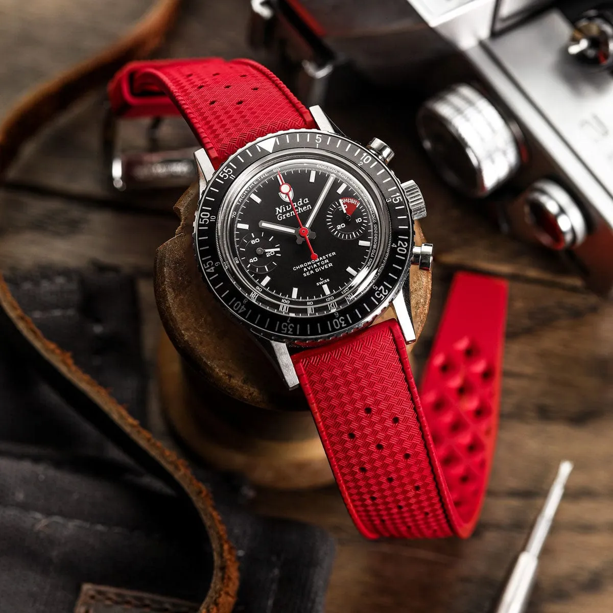 Vintage Style Perforated Rubber Watch Strap - Red