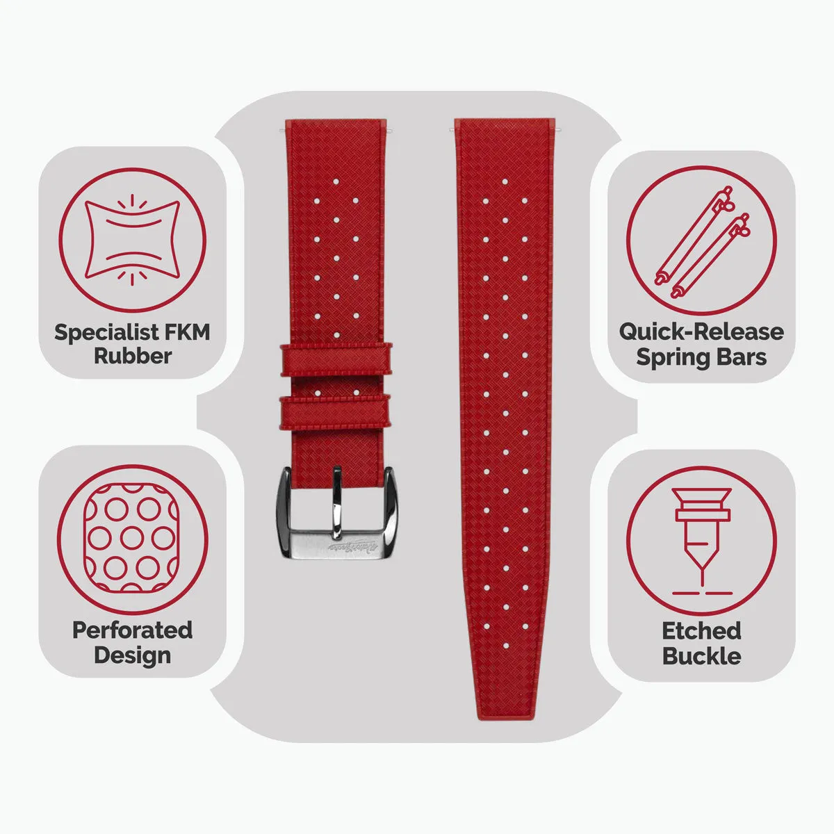 Vintage Style Perforated Rubber Watch Strap - Red