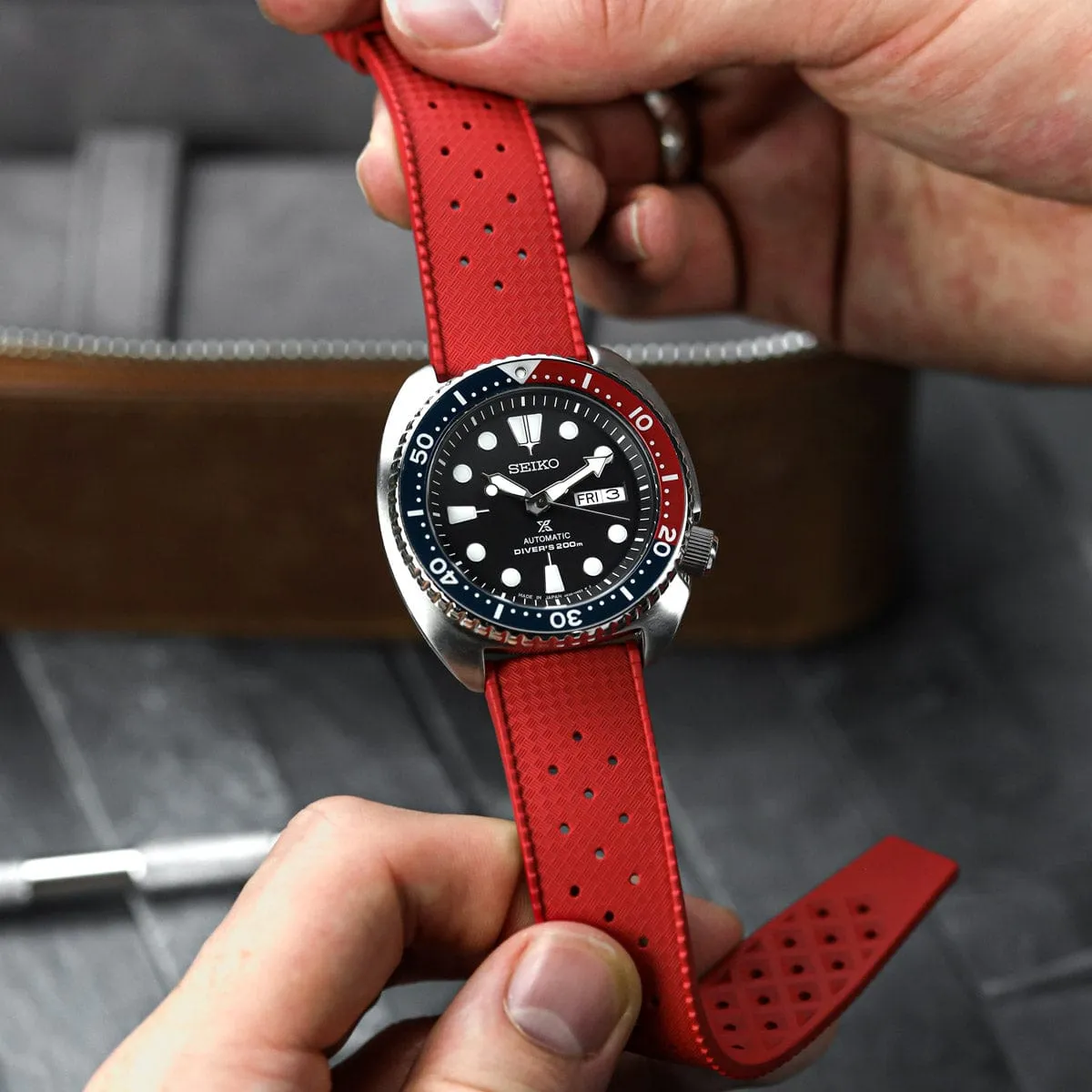 Vintage Style Perforated Rubber Watch Strap - Red