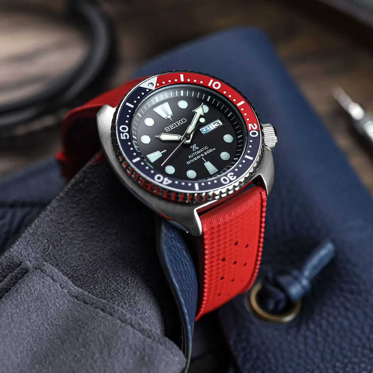 Vintage Style Perforated Rubber Watch Strap - Red