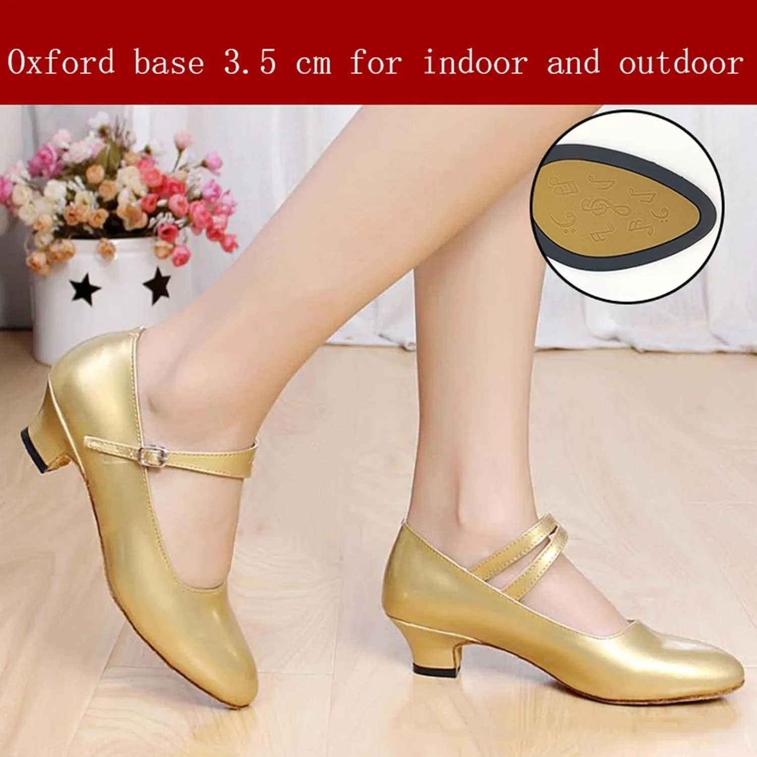 Women's Latin Dance Shoes Performance Ballroom Standard Adult Low-Heeled Synthetic Leather Non-Slip Soft Sole Closed Toe Dancing Shoes