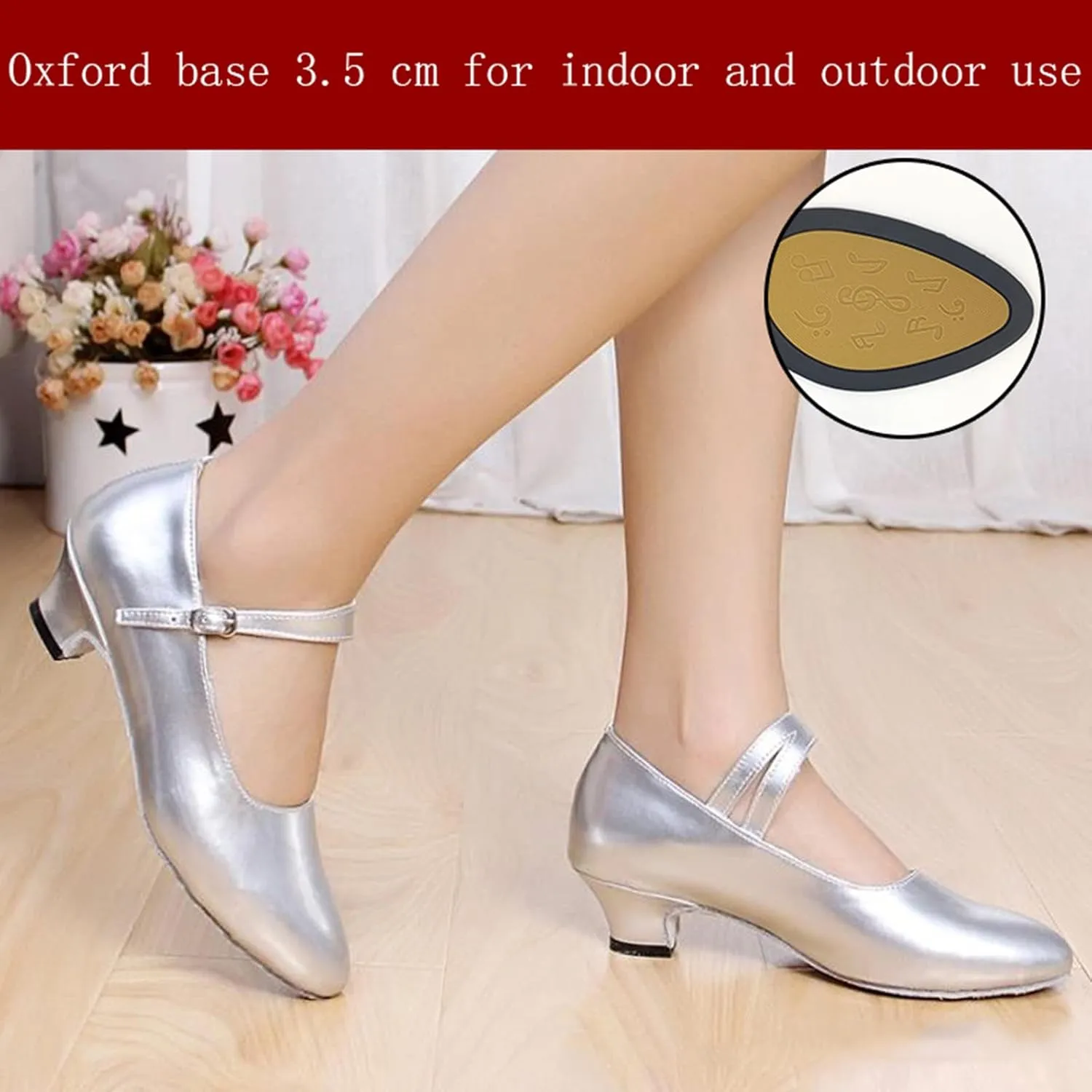 Women's Latin Dance Shoes Performance Ballroom Standard Adult Low-Heeled Synthetic Leather Non-Slip Soft Sole Closed Toe Dancing Shoes