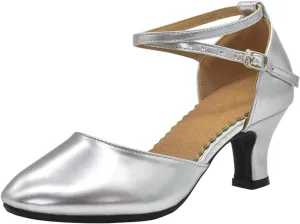 Women's Latin Dance Shoes Performance Ballroom Standard Adult Mid-Heeled Synthetic Leather Silent and Non-Slip Soft Sole Closed Toe Dancing Shoes