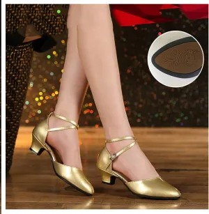 Women's Latin Dance Shoes Performance Ballroom Standard Adult Mid-Heeled Synthetic Leather Silent and Non-Slip Soft Sole Closed Toe Dancing Shoes
