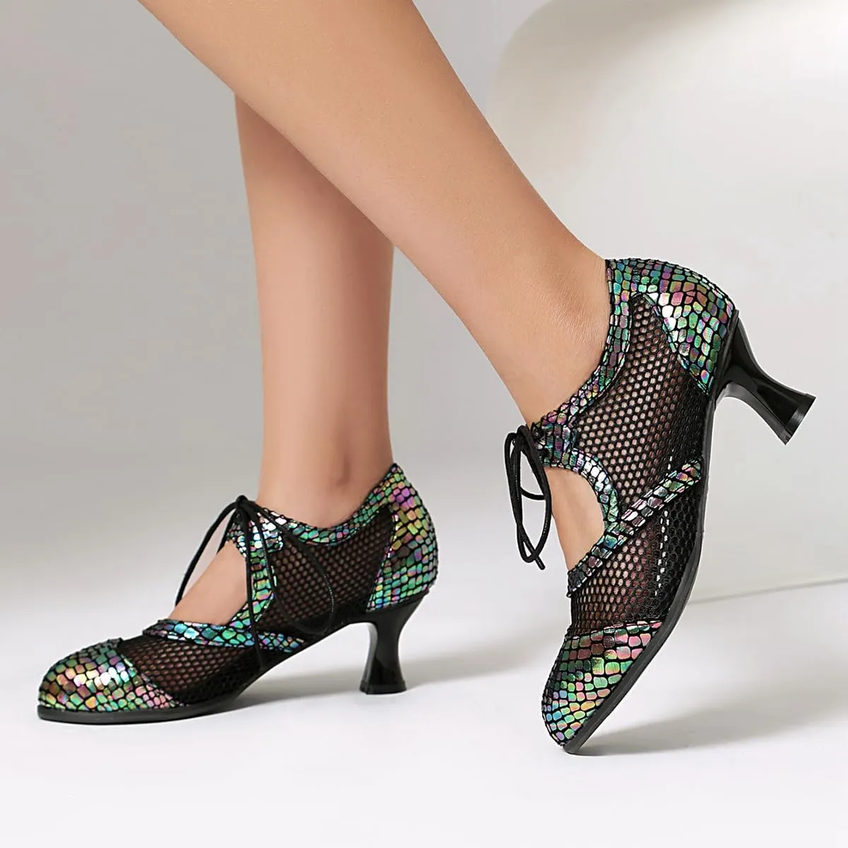 Women's Soft Sole Mesh Latin Dance Shoes Ballroom Performance Shoes High Heel Sandal for Women