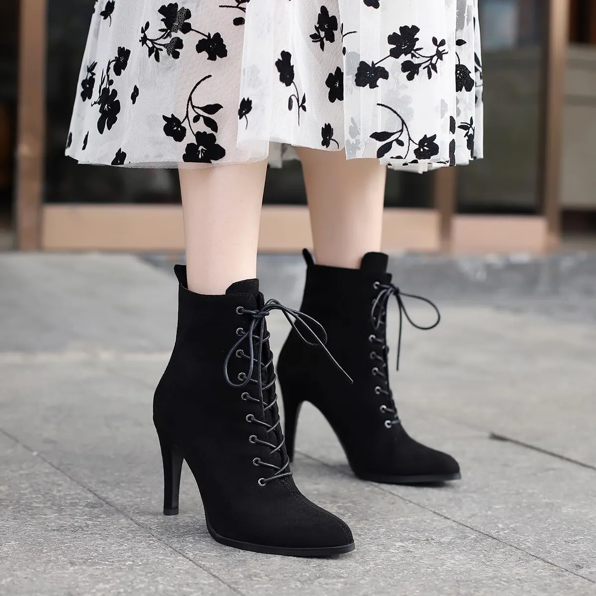 Women's Stiletto Ankle Boots Pointed Toe Lace Up High Heel Short Booties Evening Wedding Party Jeans Dress Heeded Dance Shoes