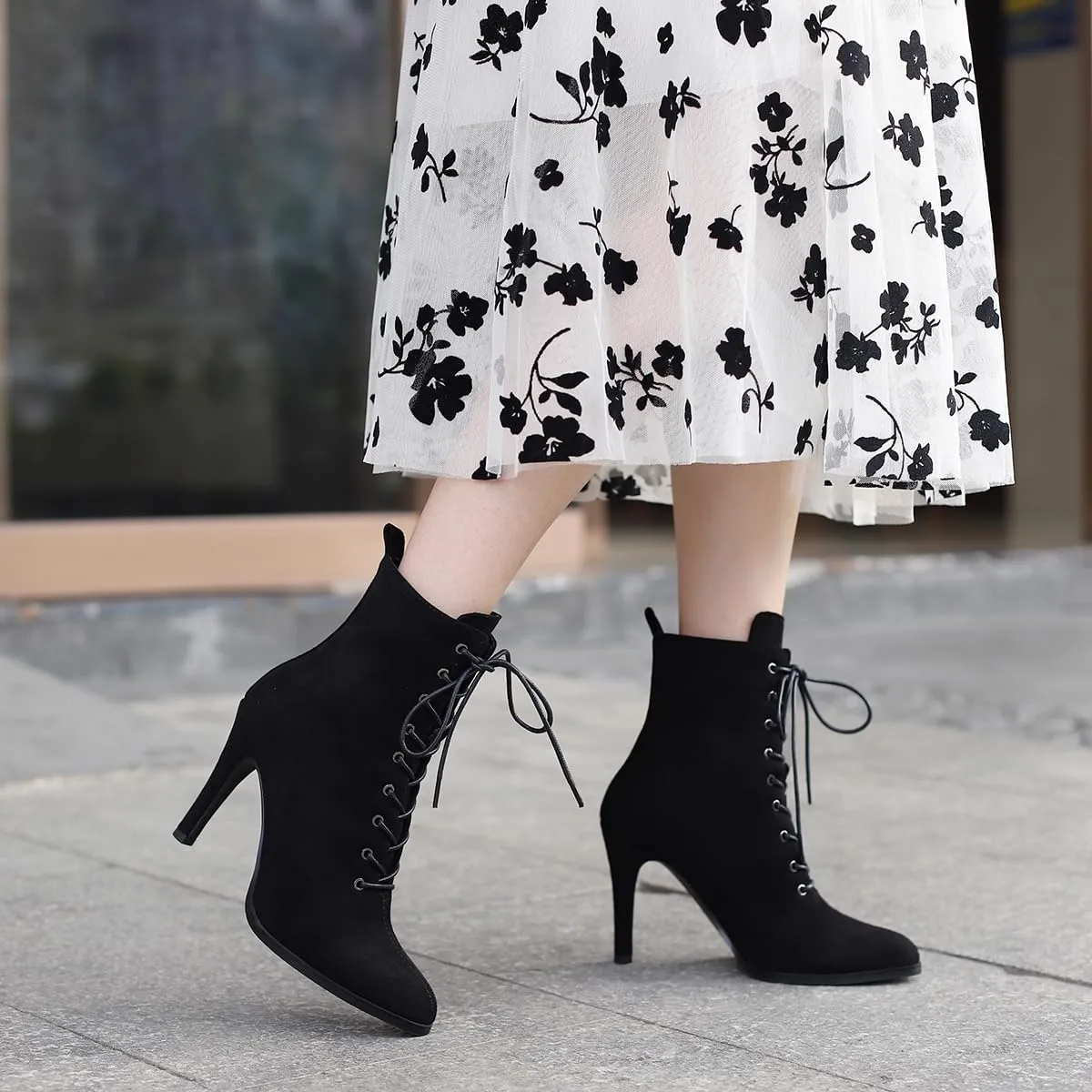 Women's Stiletto Ankle Boots Pointed Toe Lace Up High Heel Short Booties Evening Wedding Party Jeans Dress Heeded Dance Shoes