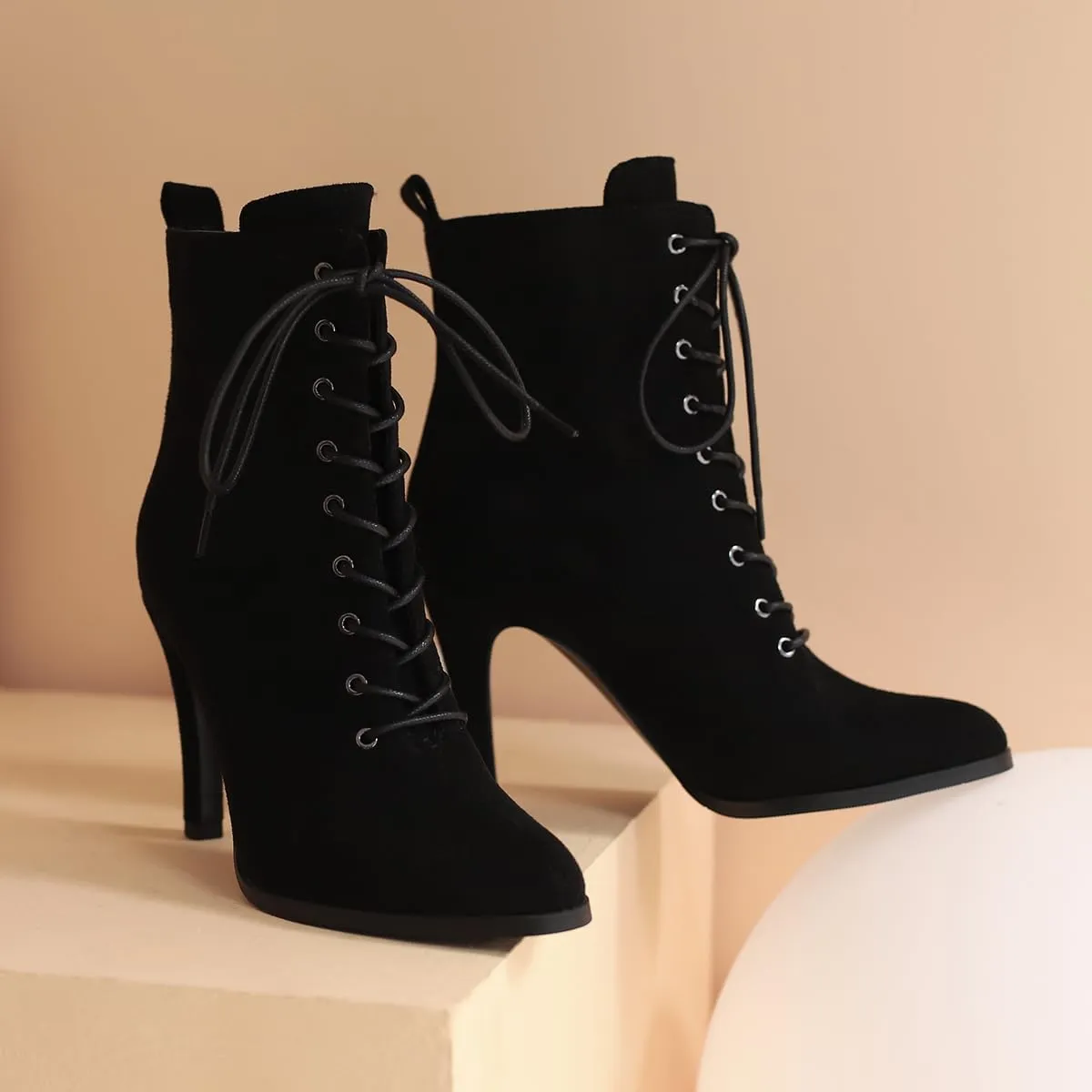 Women's Stiletto Ankle Boots Pointed Toe Lace Up High Heel Short Booties Evening Wedding Party Jeans Dress Heeded Dance Shoes