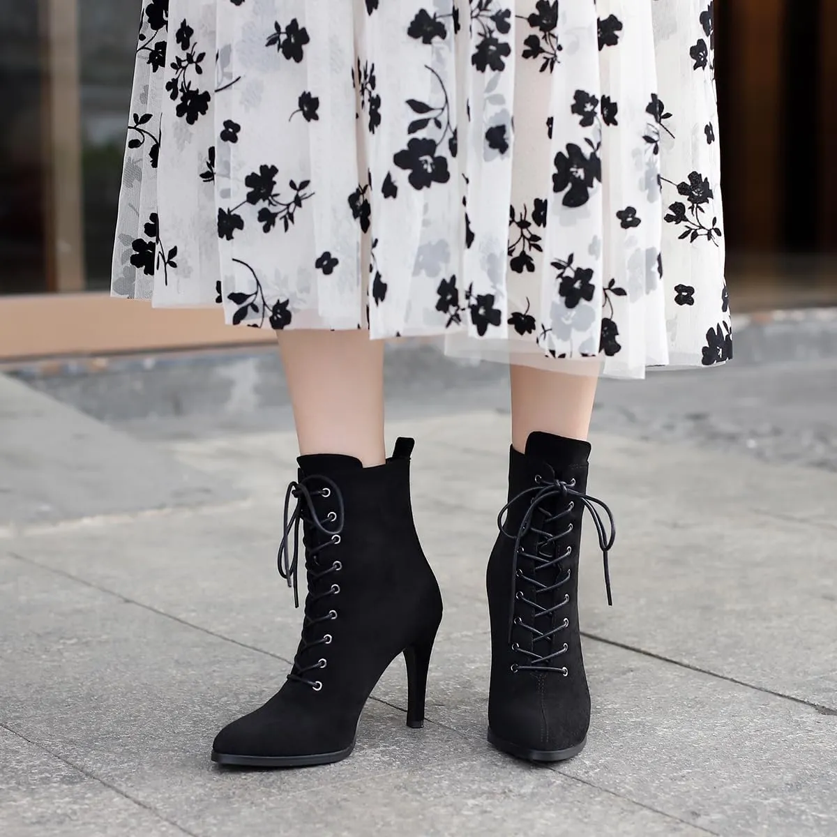 Women's Stiletto Ankle Boots Pointed Toe Lace Up High Heel Short Booties Evening Wedding Party Jeans Dress Heeded Dance Shoes