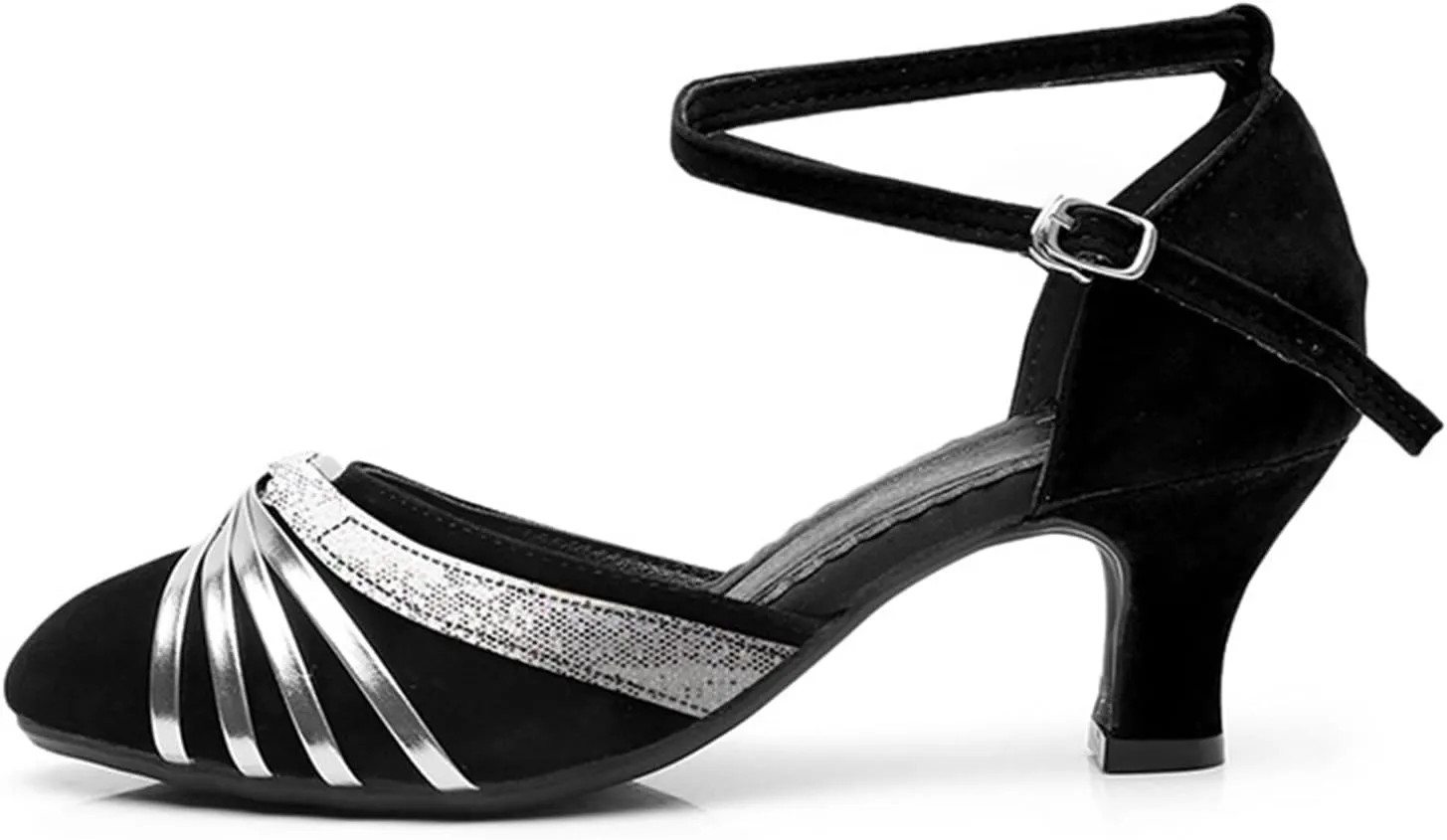 Women's Suede Latin Dance Shoes Performance Ballroom Standard Adult Two Mid-Heeled Soft Thick Sole Closed Toe Dancing Shoes
