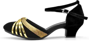 Women's Suede Latin Dance Shoes Performance Ballroom Standard Adult Two Mid-Heeled Soft Thick Sole Closed Toe Dancing Shoes