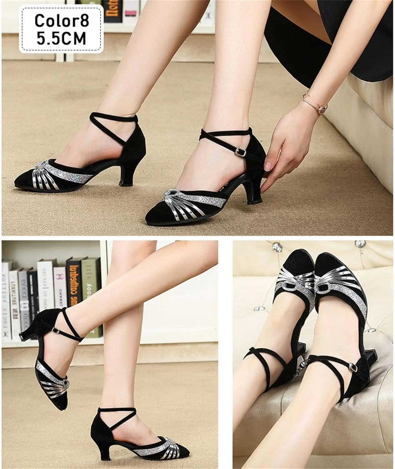 Women's Suede Latin Dance Shoes Performance Ballroom Standard Adult Two Mid-Heeled Soft Thick Sole Closed Toe Dancing Shoes