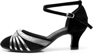 Women's Suede Latin Dance Shoes Performance Ballroom Standard Adult Two Mid-Heeled Soft Thick Sole Closed Toe Dancing Shoes